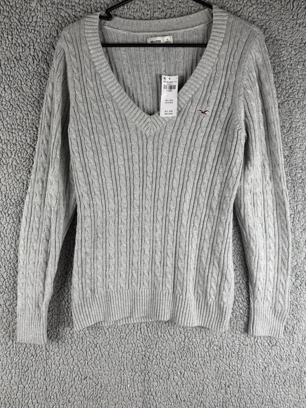 NWT Hollister Womens Gray Cable Knit V-Neck Sweater Y2K Long Sleeve Logo XL